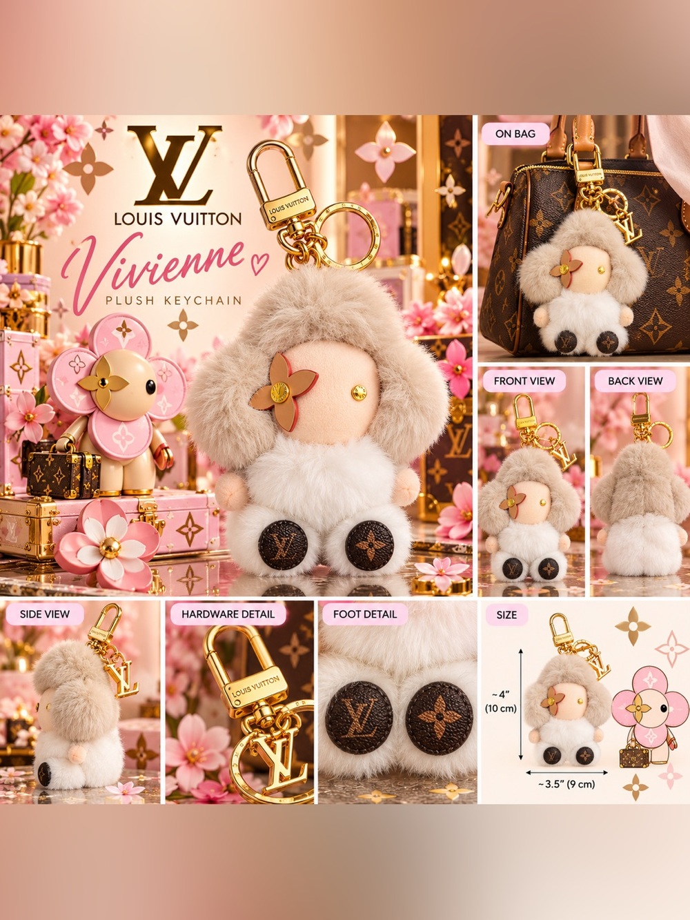 Beige & White Plush Keychain Charm